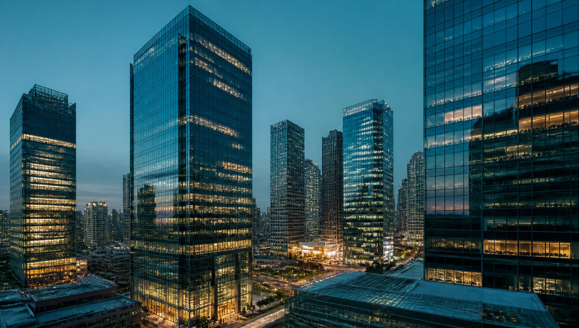 Modern glass office towers lit at dusk in a city skyline.