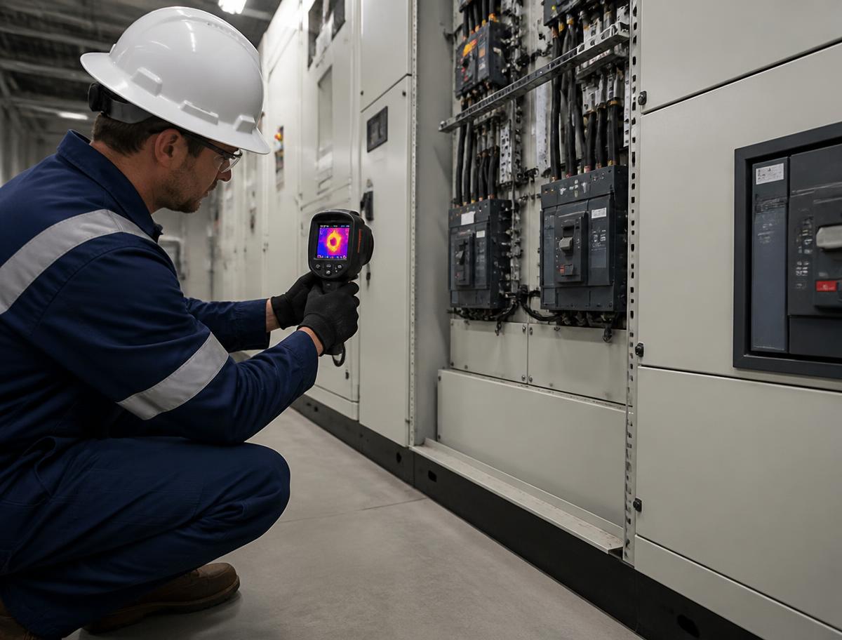 Engineer using a thermal imaging camera to inspect an electrical switchboard.